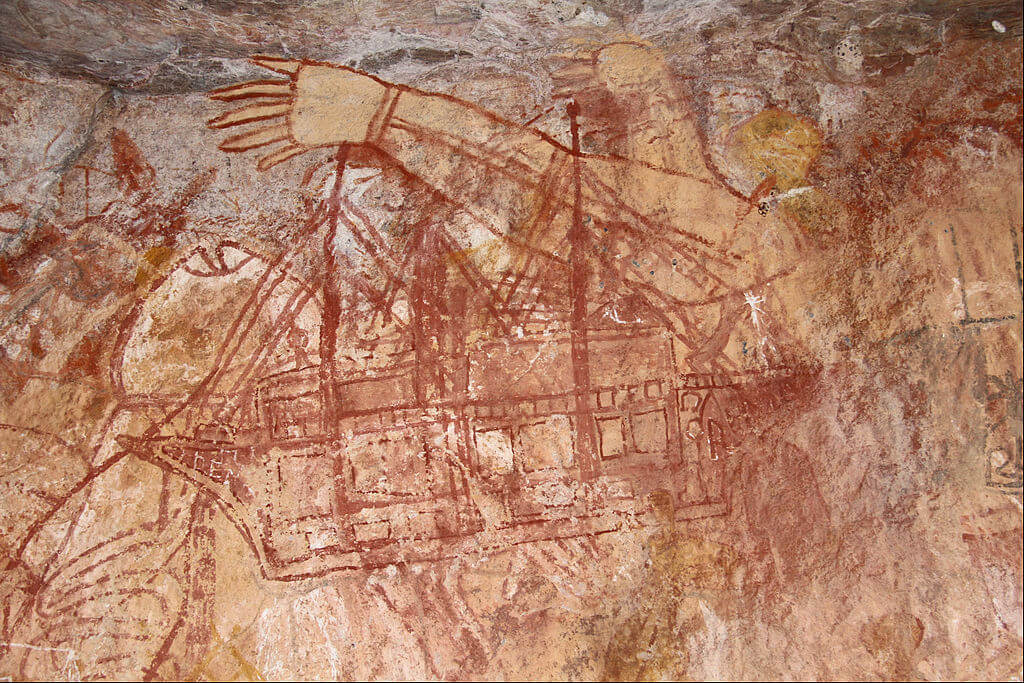 An Aboriginal rock painting in Kakadu National Park of an early European ship.