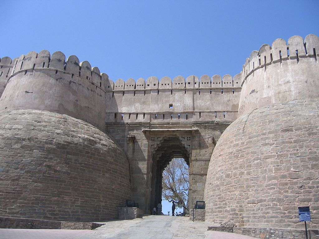 The massive gate of Kumbhalgarh fort, called the Ram Pol (Ram Gate)