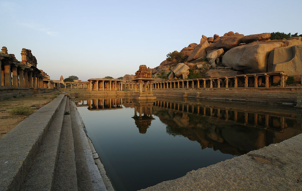 The sacred pushkarani or tank located on the eastern side of Krishna temple in Hampi, India