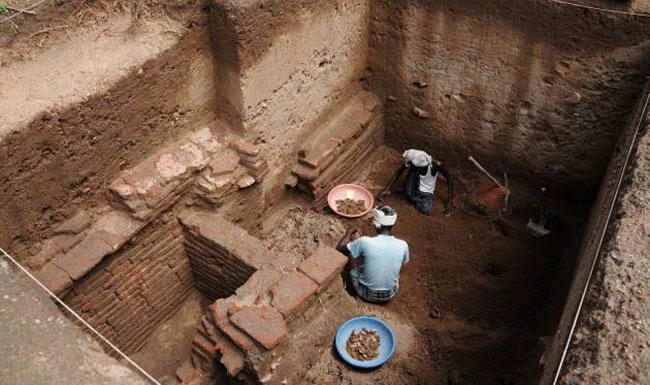 The ancient brick structure found at the excavation site. 