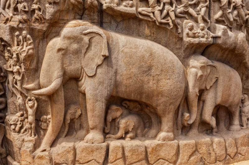 Elephants and other figures (detail), Descent of the Ganges or Arjuna’s Penance, 7th-8th century, Mamallapuram, Tamil Nadu, India